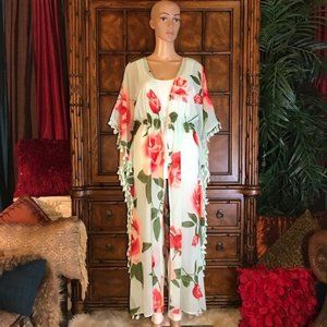NWOT Chiffon Aqua Floral Tassel Tie Front Kimono Duster
